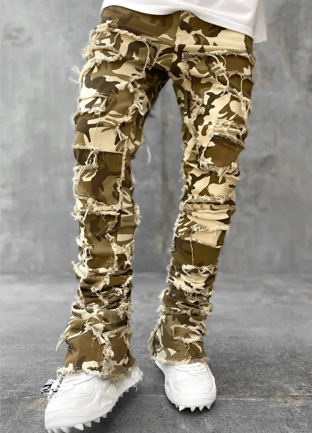 2025 Men Ripped Stacked Jeans Distressed Slim Fit Skinny Straight Leg Jeans Fashion Hip Hop Denim Pants Casual Streetwear