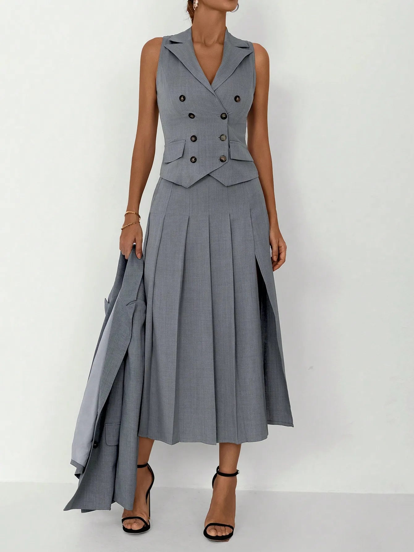 Women's Elegant Business Suit Set: Fitted Vest, Pleated Midi Skirt, With Jacket 3pcs