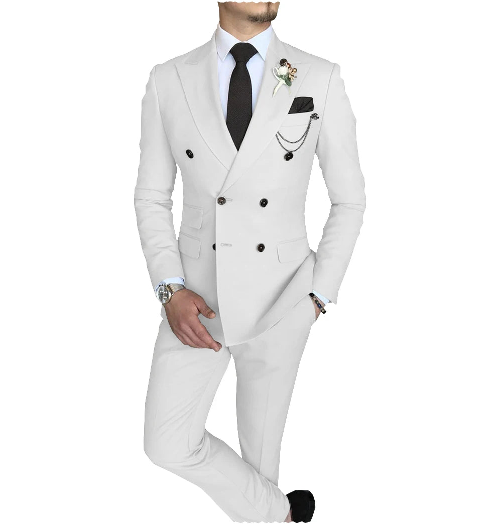 Men's Suit 2 Piece Double Breasted Peak Lapel Jacket Business Casual Slim Fit Wedding Suit For Men ( Blazer+Pants)