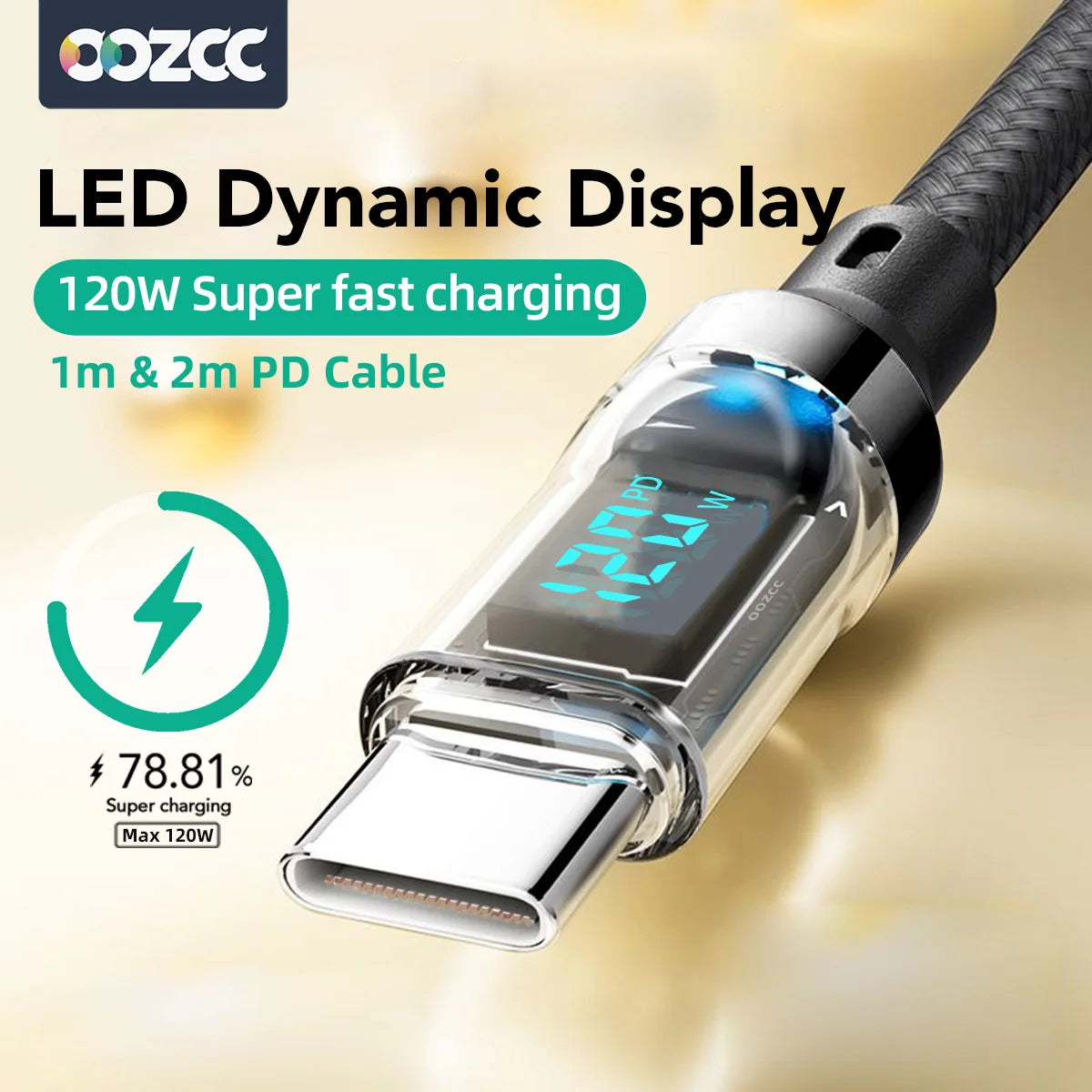 OOZCC LCD Watt Display Cable, 120W Super Fast Charging USB Type C Cable Data Transfer, USB A to Lightning for IPhone14 Pro Max
