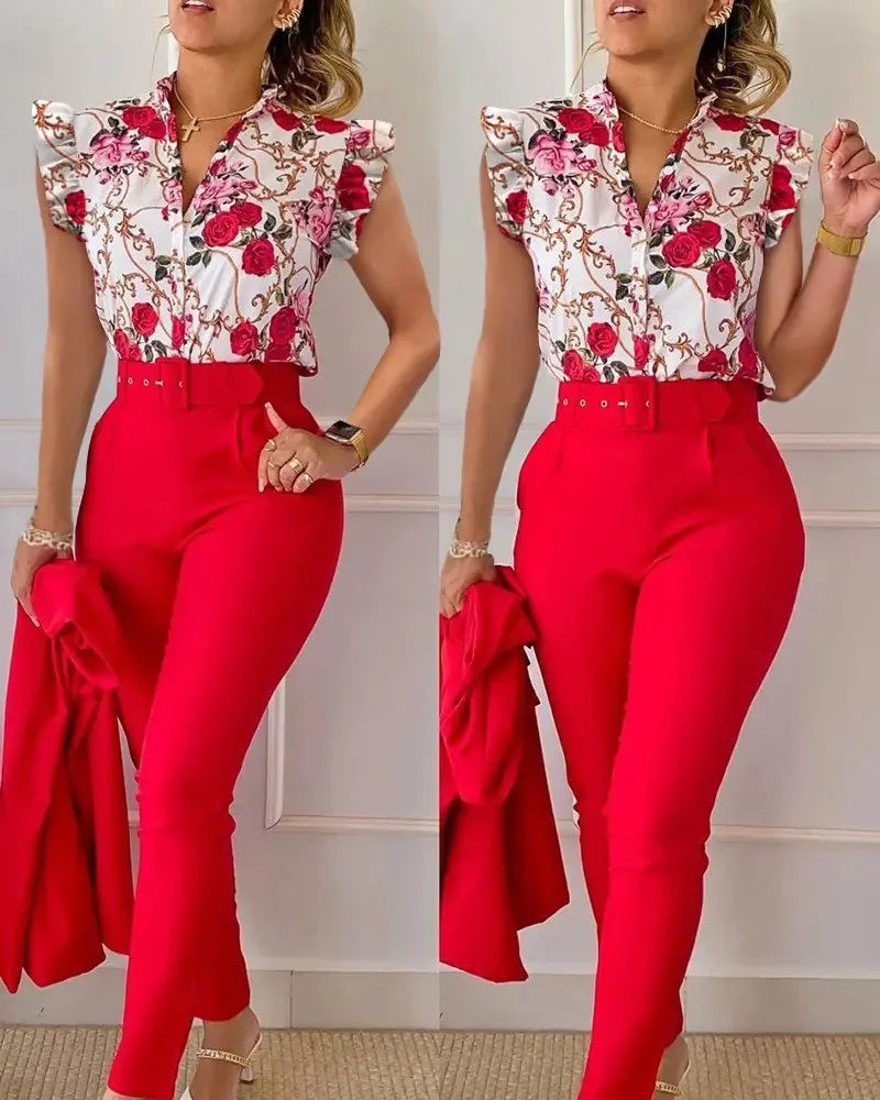 Elegant Women Two Piece Set Suits New Fashion Printed Ruffle Sleeve Top Solid Color Pants Set With Belt Blouses Female Clothing
