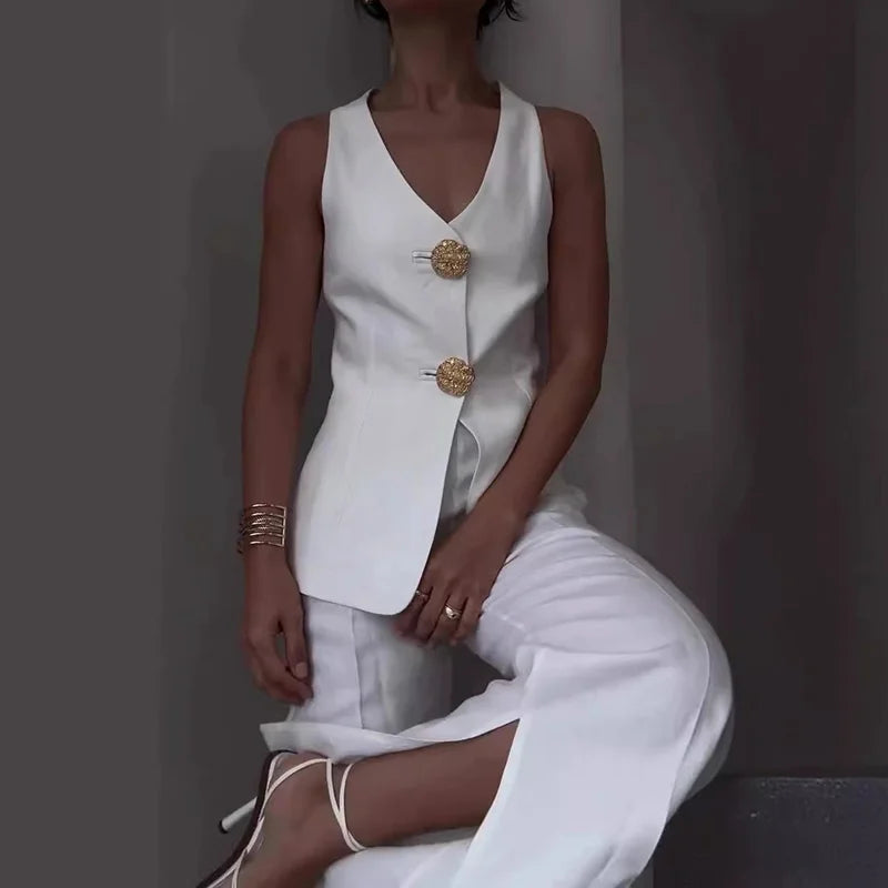 V Neck Sleeveless Vest Pants Office Suits, Women Buttons Elegant Outfit, Vintage Wide Leg Pants Ladies Sets