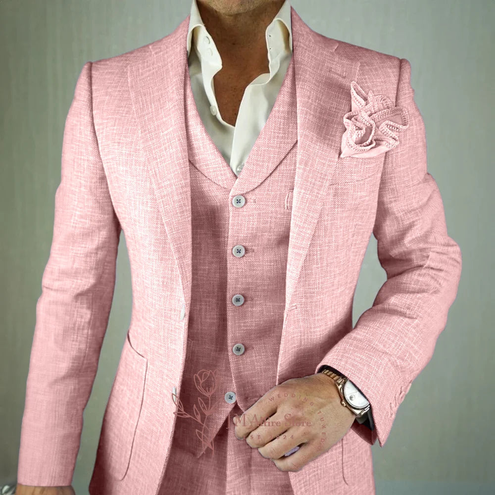 Men’s Linen 3 Piece Suit Notch Lapel Jacket Vest Pants Premium Slim Fit for Wedding Groom Cocktail Prom Party Wear Casual Attire