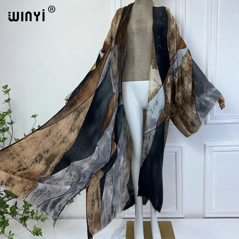 WINYI summer kimono Retro print beach cover up Swim Suit elegant African women boho Cardigan sexy Holiday silk feeling dress