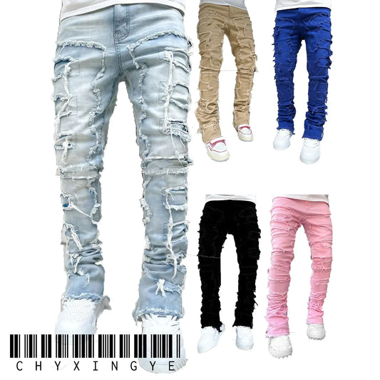 2025 Men Ripped Stacked Jeans Distressed Slim Fit Skinny Straight Leg Jeans Fashion Hip Hop Denim Pants Casual Streetwear