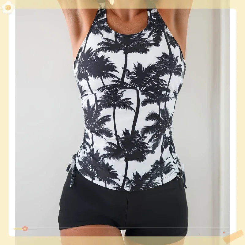 2025 New Women Swim Suit with Shorts Women Cross Strap Swimsuits Printed Vest Strappy Bathing Suits Summer Two-Piece Bikinis