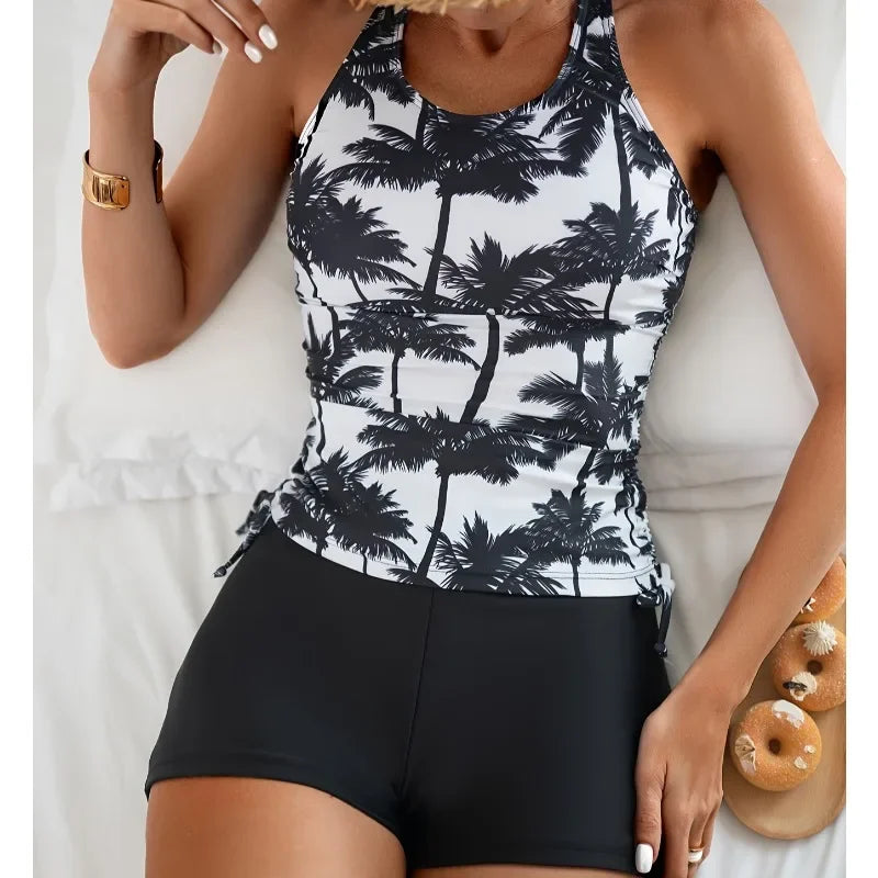 2025 New Women Swim Suit with Shorts Women Cross Strap Swimsuits Printed Vest Strappy Bathing Suits Summer Two-Piece Bikinis
