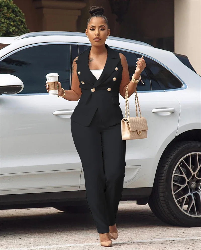 Women's Office Lady Two Piece Elegant Sleeveless Blazer And Pencil Pant Suit Set