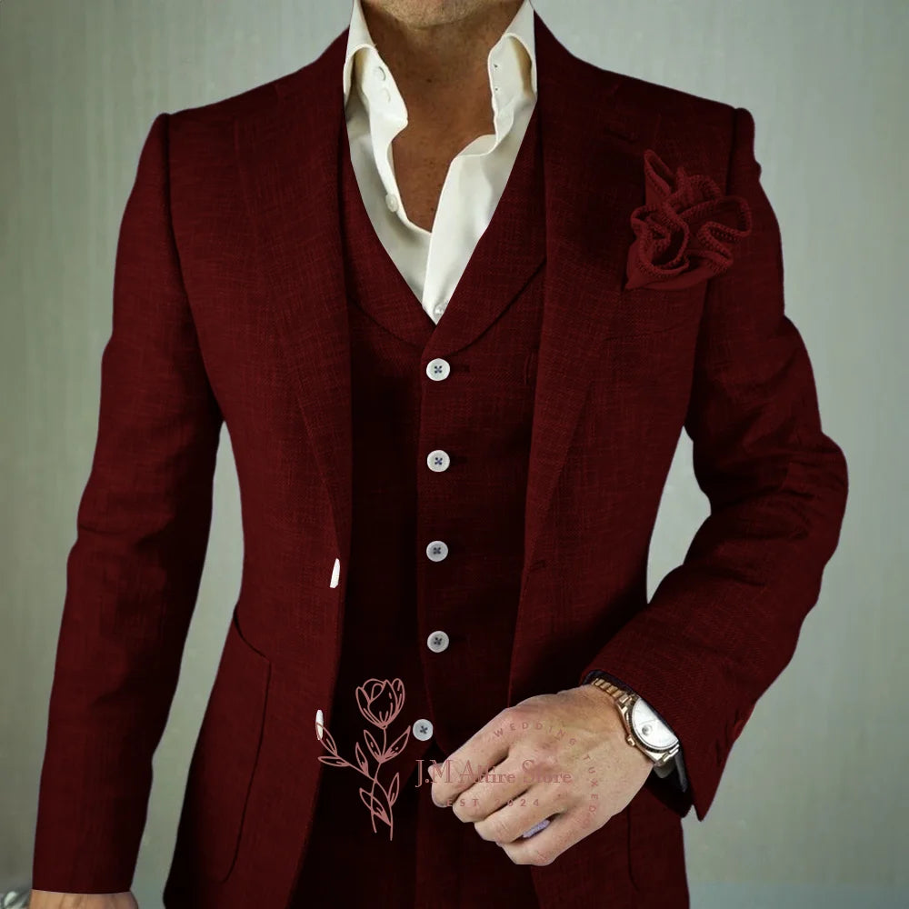 Men’s Linen 3 Piece Suit Notch Lapel Jacket Vest Pants Premium Slim Fit for Wedding Groom Cocktail Prom Party Wear Casual Attire