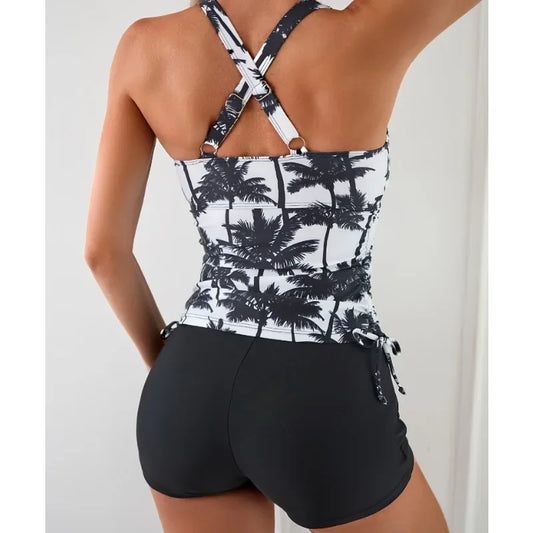 2025 New Women Swim Suit with Shorts Women Cross Strap Swimsuits Printed Vest Strappy Bathing Suits Summer Two-Piece Bikinis