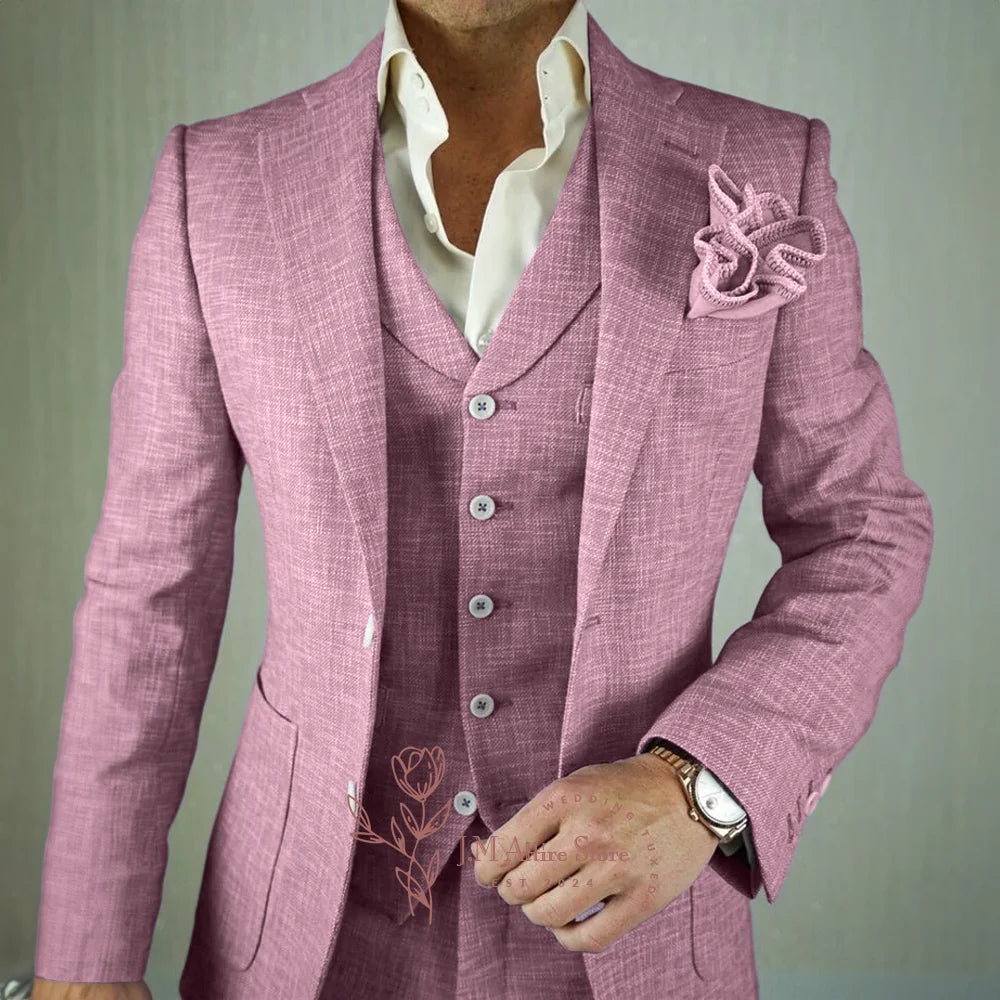 Men’s Linen 3 Piece Suit Notch Lapel Jacket Vest Pants Premium Slim Fit for Wedding Groom Cocktail Prom Party Wear Casual Attire