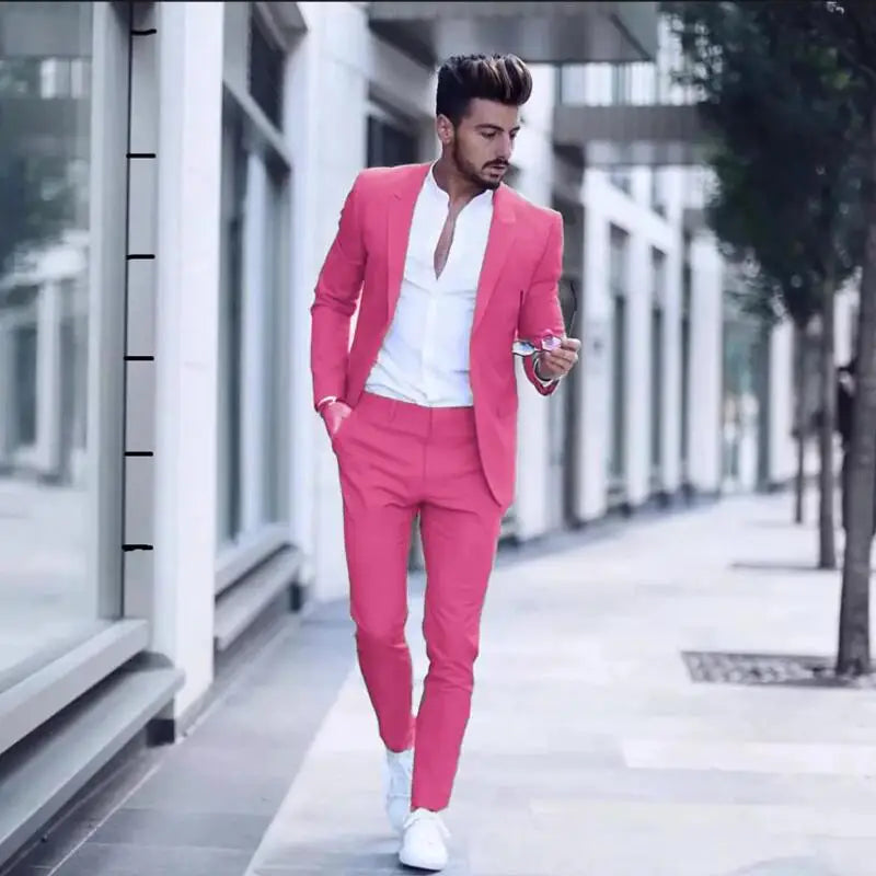Men's Casual 2 Piece Business Suit Slim Fit Peak Lapel