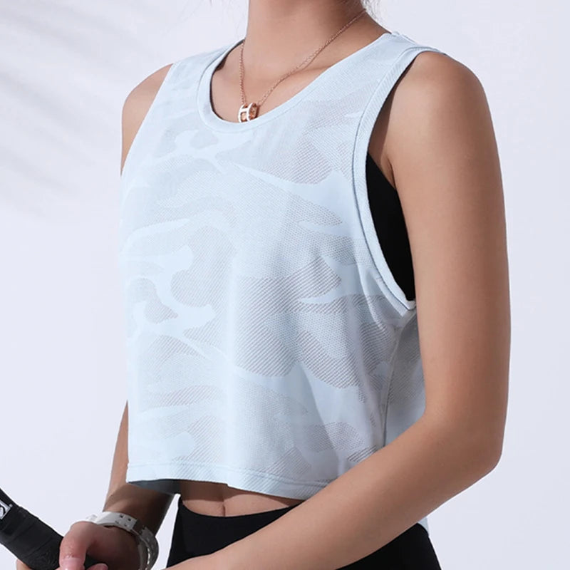 Women Camouflage Breathable Mesh Sleeveless Fitness Crop Top