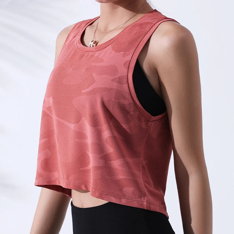Women Camouflage Breathable Mesh Sleeveless Fitness Crop Top