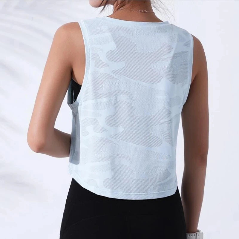Women Camouflage Breathable Mesh Sleeveless Fitness Crop Top