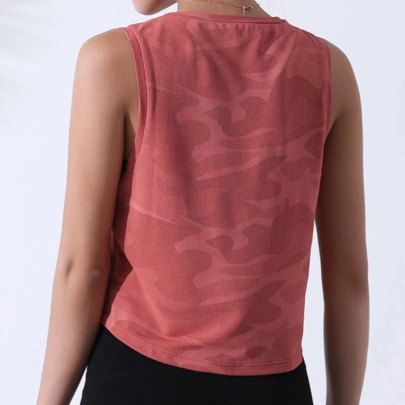 Women Camouflage Breathable Mesh Sleeveless Fitness Crop Top