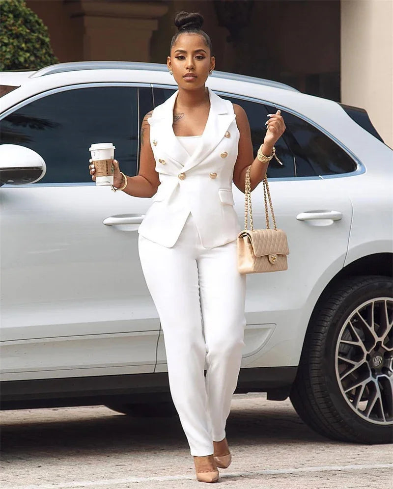 Women's Office Lady Two Piece Elegant Sleeveless Blazer And Pencil Pant Suit Set