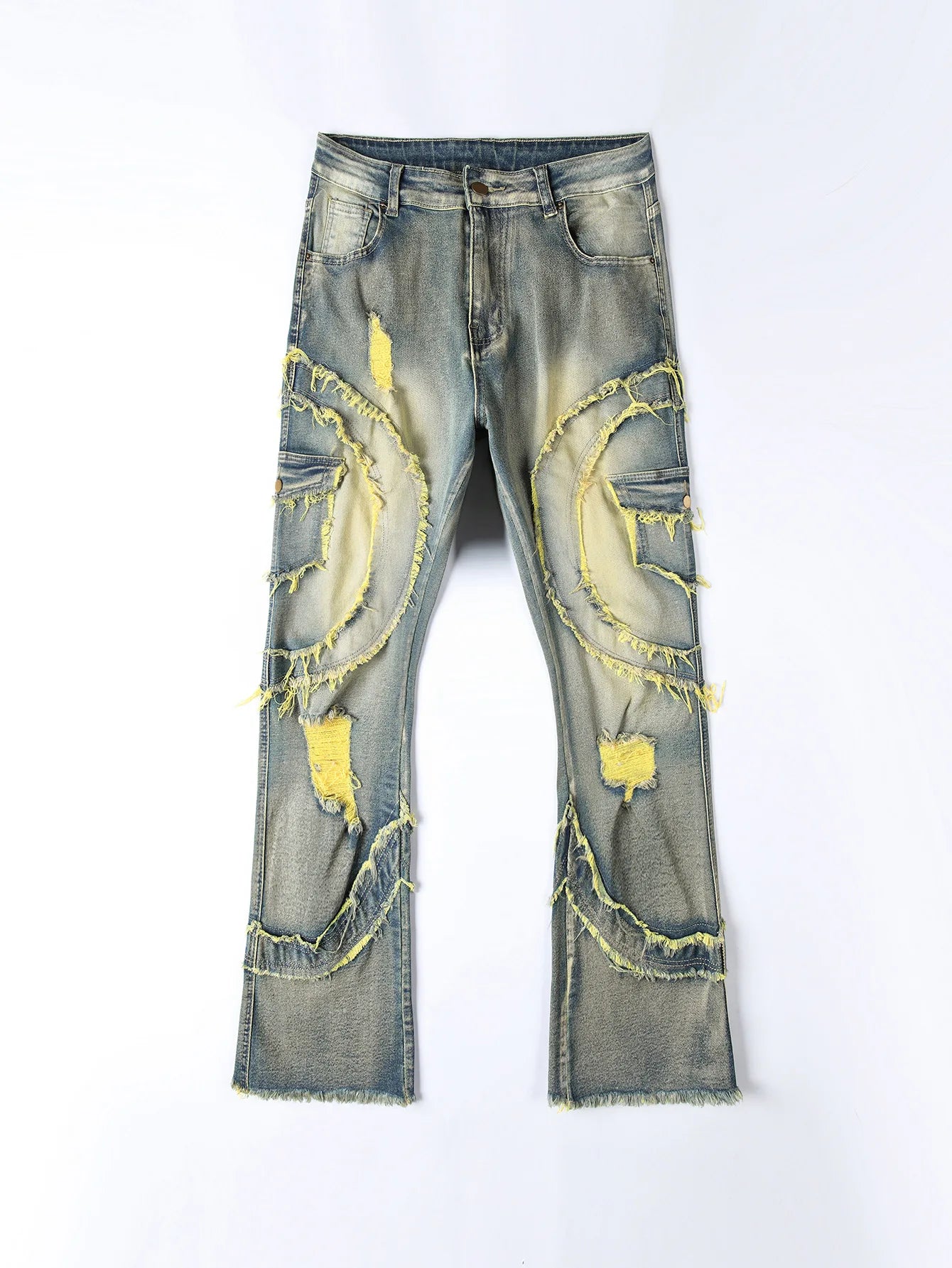 European and American men's casual, street punk fashion, retro, ripped hole, slightly flared tassel elastic jeans
