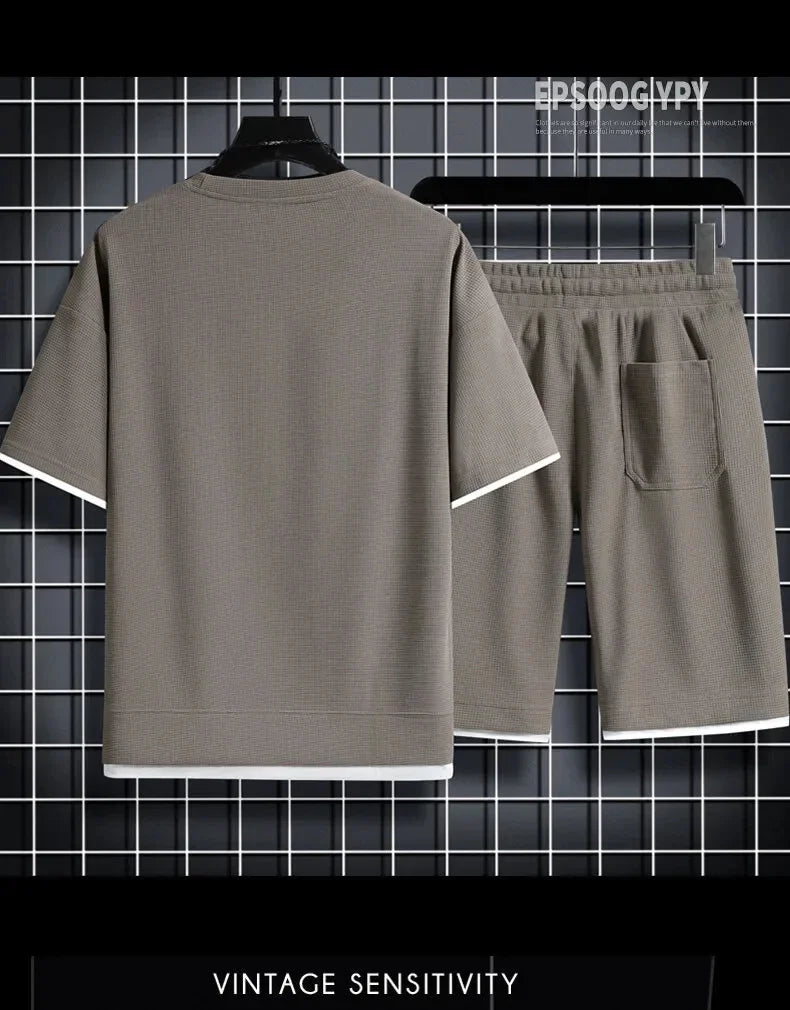 Mens Sports Suit Fashion Short Sleeve Tracksuit Men Suits Summer Men's Two Piece Set Linen Fabric Casual T-Shirt and Shorts Set