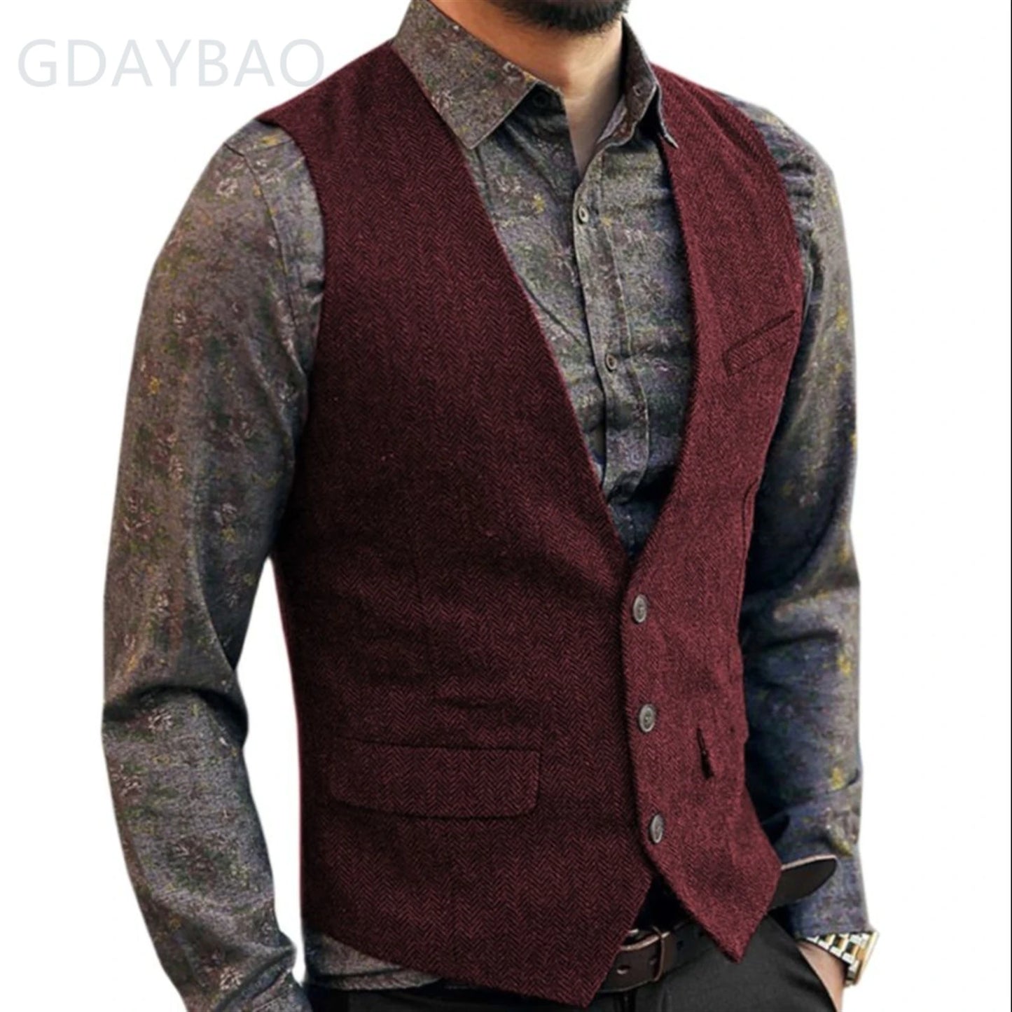 Men's Casual Classic Suit Vest V Neck Herringbone Tweed Slim Fit Business Waistcoat For Wedding