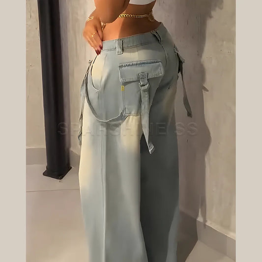 Women Straight Pants Vintage Washed Mid Waist Loose Fit Wide Leg Denim Long Pants