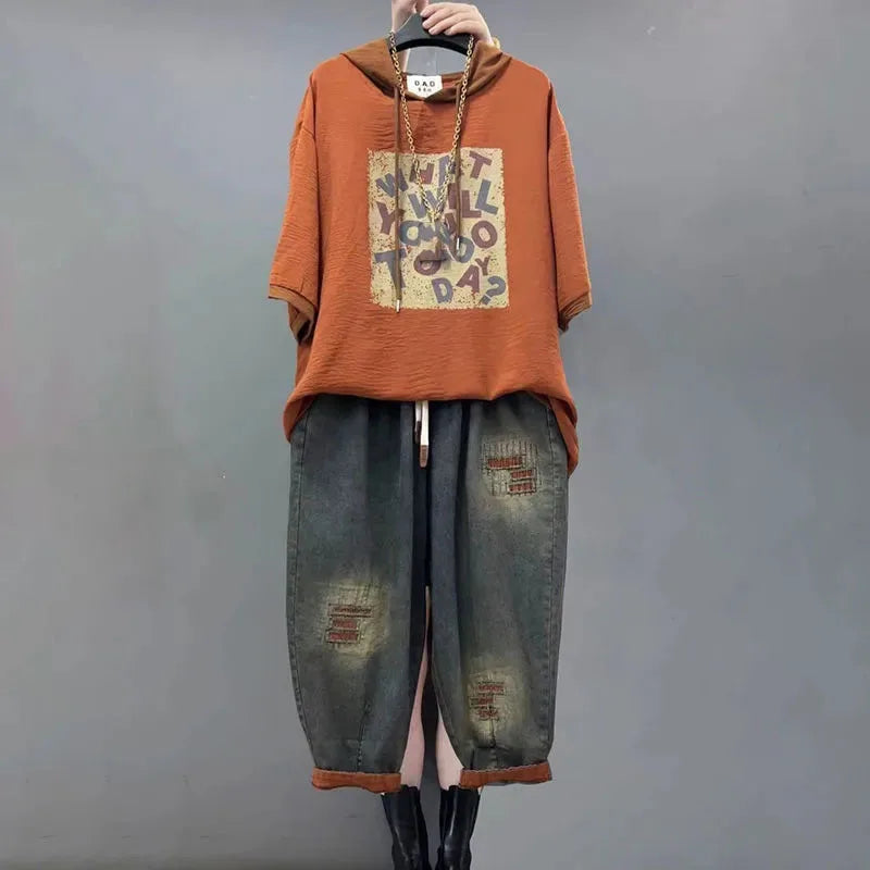 Women Denim Pants Two Piece Set Loose Plus Size Female Fashion Hooded Printed Jeans Sets