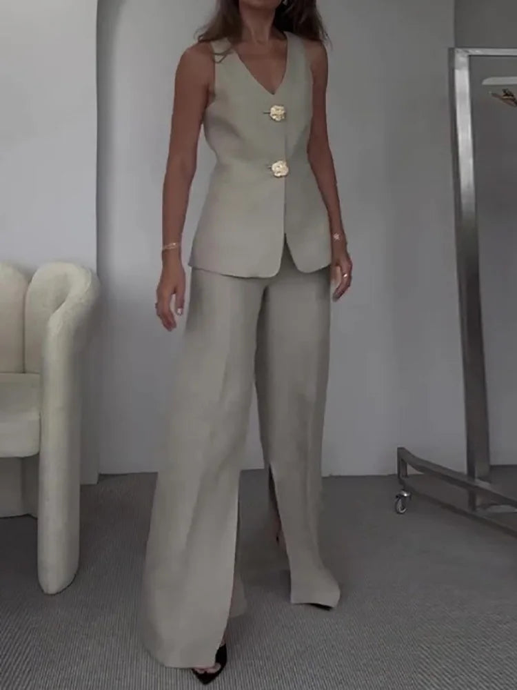 V Neck Sleeveless Vest Pants Office Suits, Women Buttons Elegant Outfit, Vintage Wide Leg Pants Ladies Sets