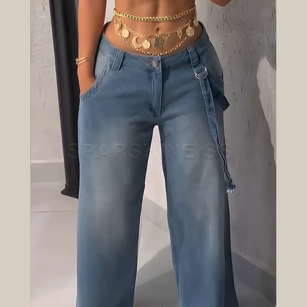 Women Straight Pants Vintage Washed Mid Waist Loose Fit Wide Leg Denim Long Pants
