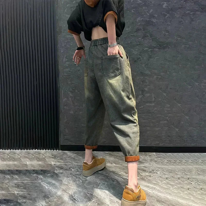 Women Denim Pants Two Piece Set Loose Plus Size Female Fashion Hooded Printed Jeans Sets