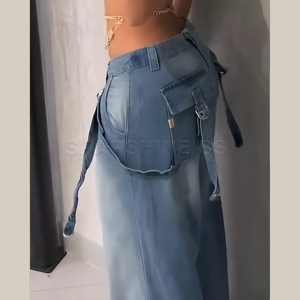 Women Straight Pants Vintage Washed Mid Waist Loose Fit Wide Leg Denim Long Pants