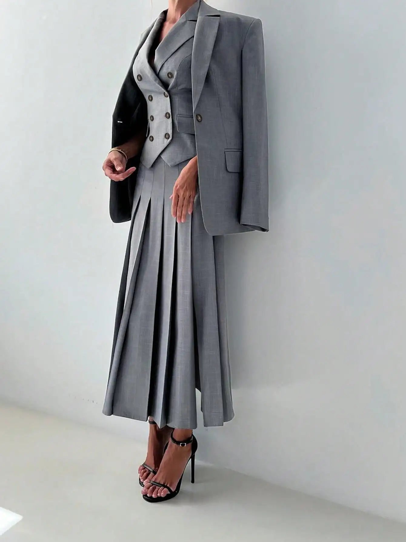 Women's Elegant Business Suit Set: Fitted Vest, Pleated Midi Skirt, With Jacket 3pcs