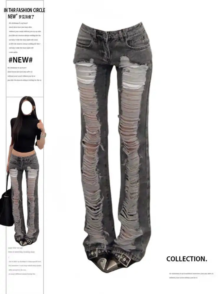 Women's Grey Ripped Skinny Jeans Harajuku Vintage Y2k Denim Trousers Japanese 2000s Style Emo Oversize Jeans