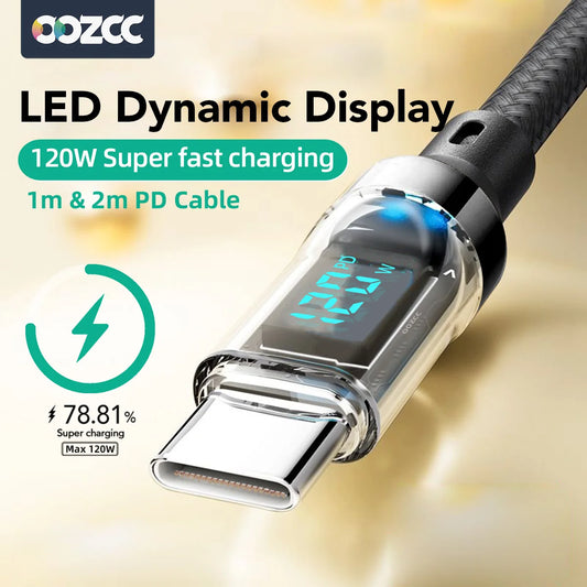 OOZCC LCD Watt Display Cable, 120W Super Fast Charging USB Type C Cable Data Transfer, USB A to Lightning for IPhone14 Pro Max