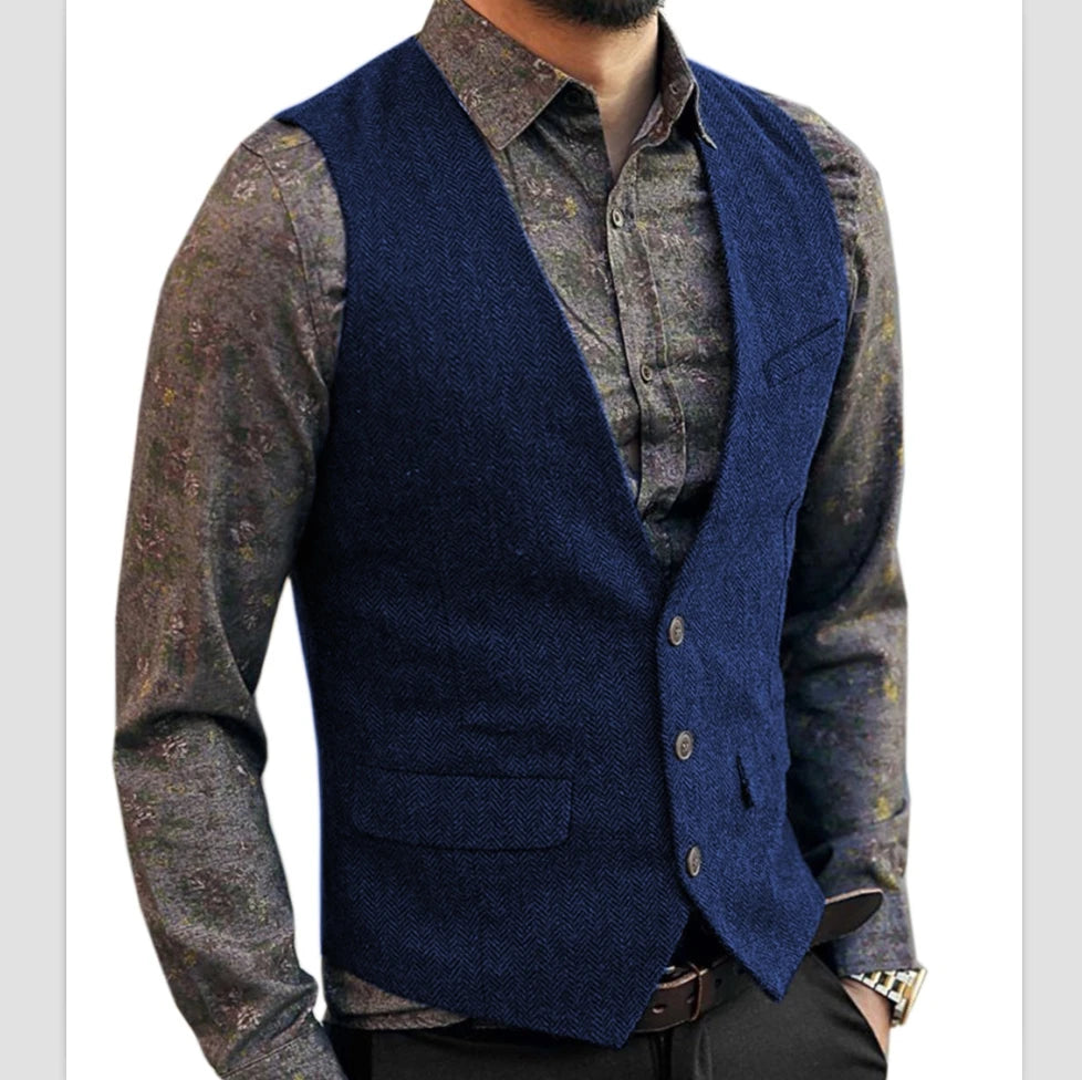 Men's Casual Classic Suit Vest V Neck Herringbone Tweed Slim Fit Business Waistcoat For Wedding