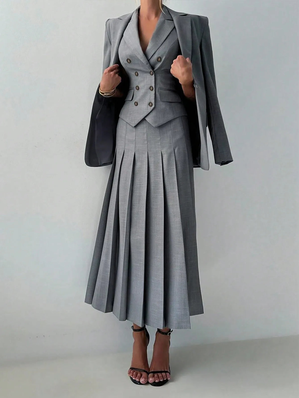 Women's Elegant Business Suit Set: Fitted Vest, Pleated Midi Skirt, With Jacket 3pcs
