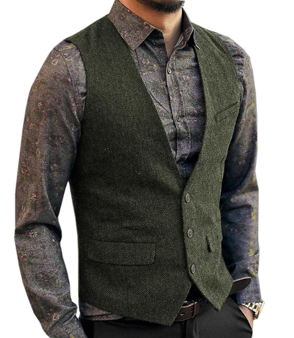 Men's Casual Classic Suit Vest V Neck Herringbone Tweed Slim Fit Business Waistcoat For Wedding