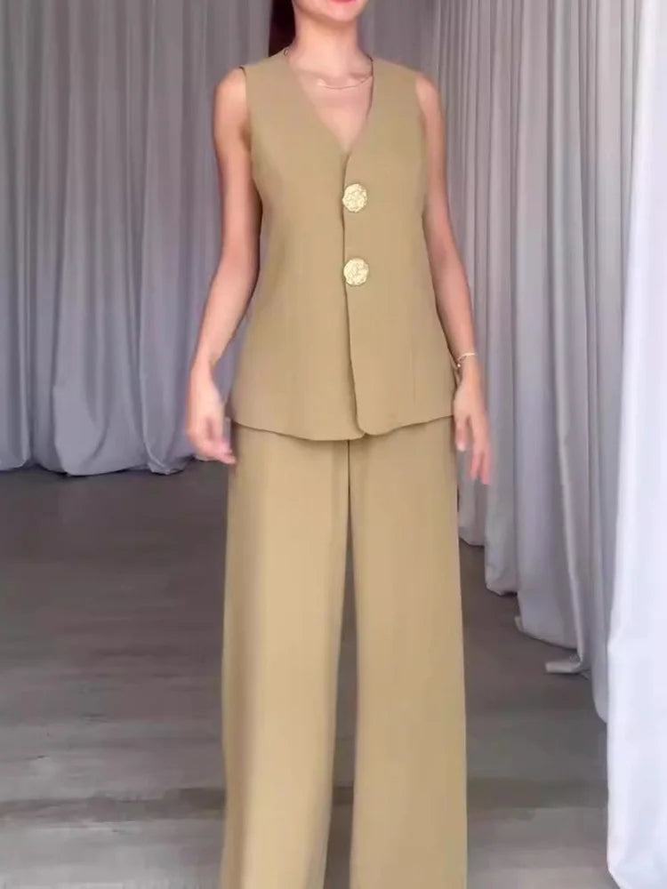 V Neck Sleeveless Vest Pants Office Suits, Women Buttons Elegant Outfit, Vintage Wide Leg Pants Ladies Sets