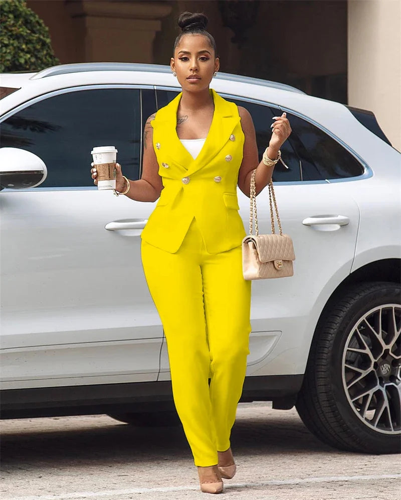 Women's Office Lady Two Piece Elegant Sleeveless Blazer And Pencil Pant Suit Set