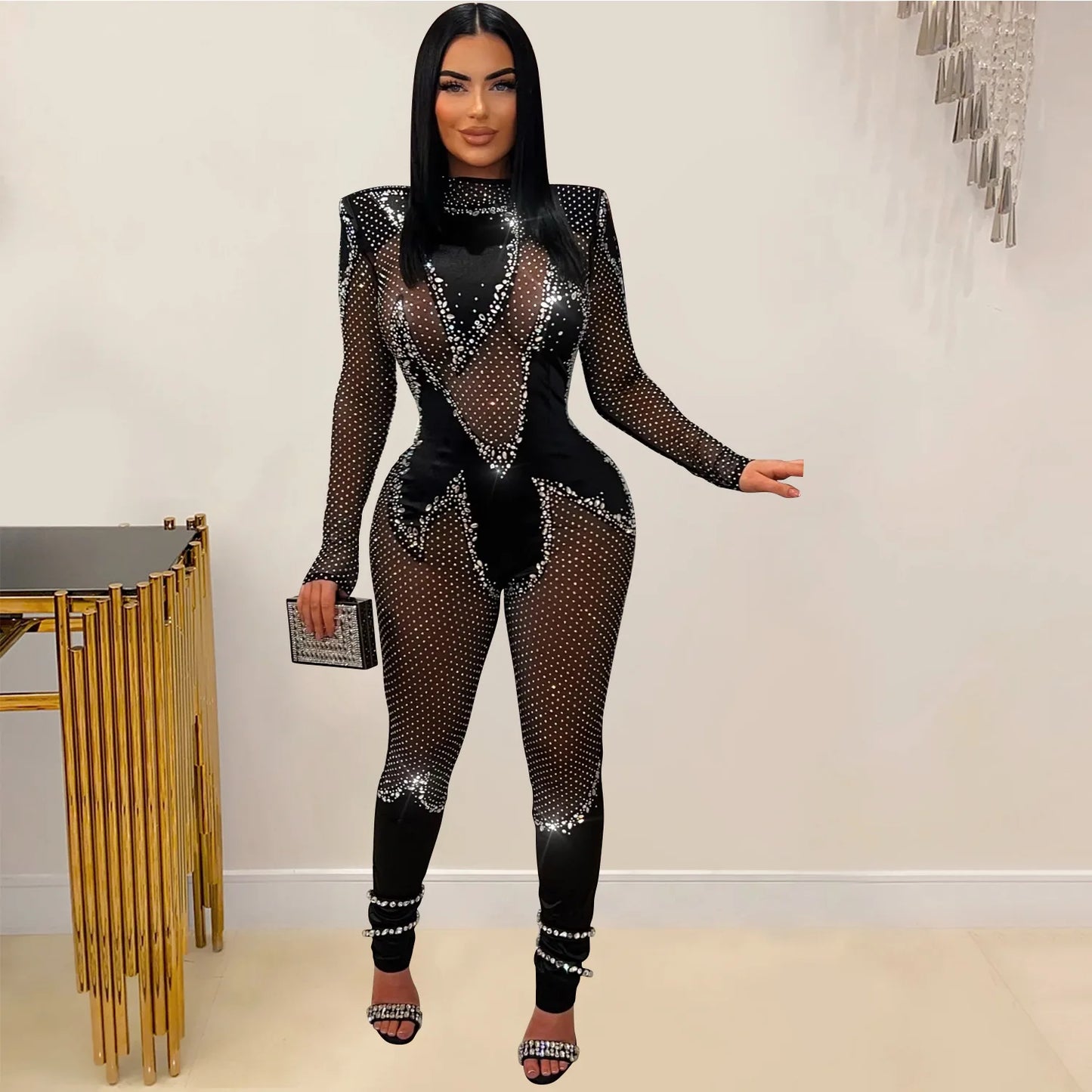 CM.YAYA Women 2024 Fashion Mesh See Though Diamonds Hot Rhinestones Sexy Party Club Jumpsuit One Piece Suit Romper Playsuits