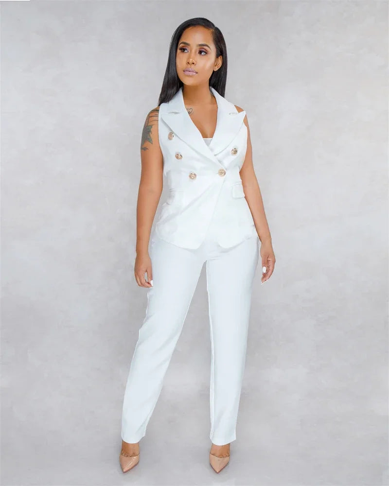 Women's Office Lady Two Piece Elegant Sleeveless Blazer And Pencil Pant Suit Set