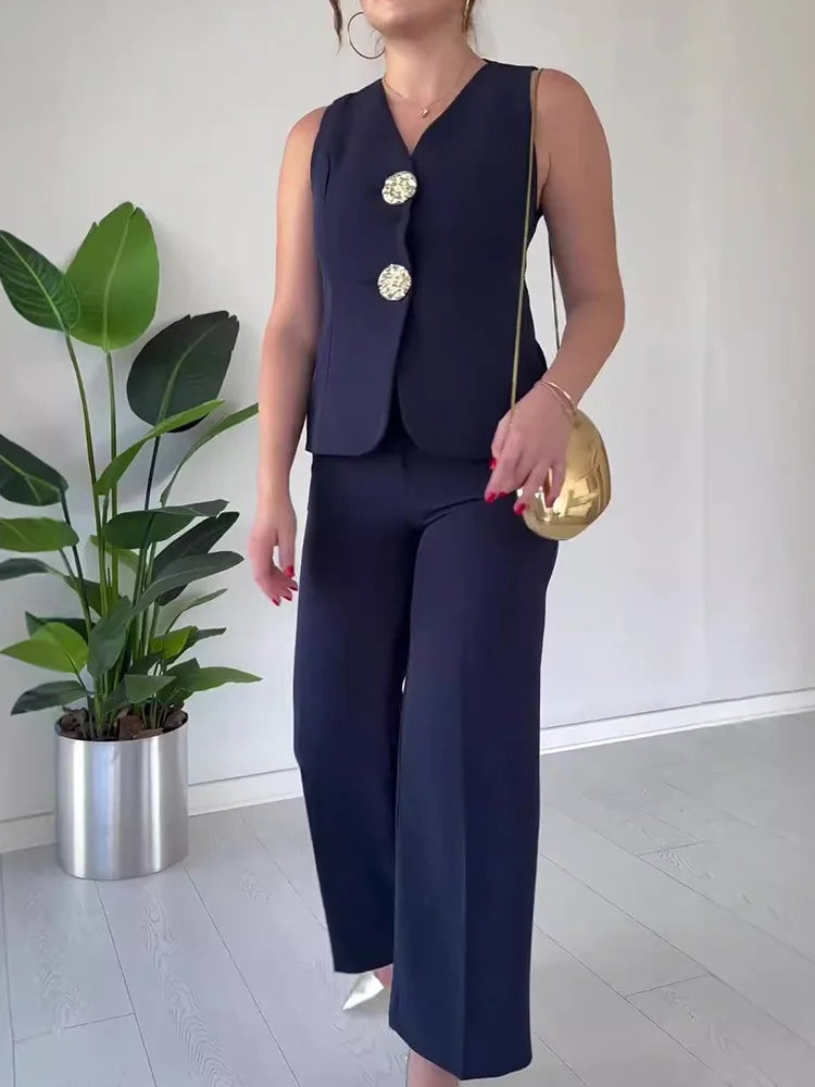 V Neck Sleeveless Vest Pants Office Suits, Women Buttons Elegant Outfit, Vintage Wide Leg Pants Ladies Sets