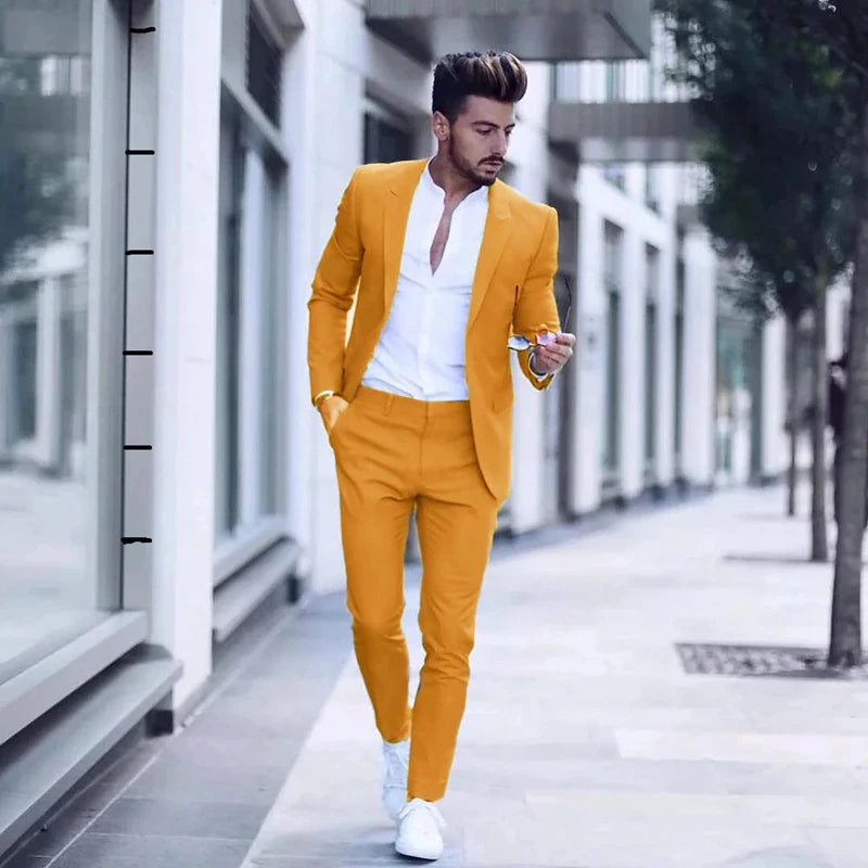 Men's Casual 2 Piece Business Suit Slim Fit Peak Lapel
