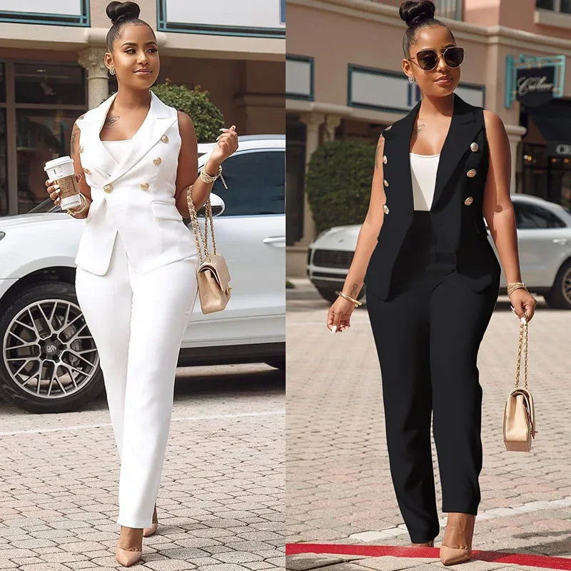Women's Office Lady Two Piece Elegant Sleeveless Blazer And Pencil Pant Suit Set