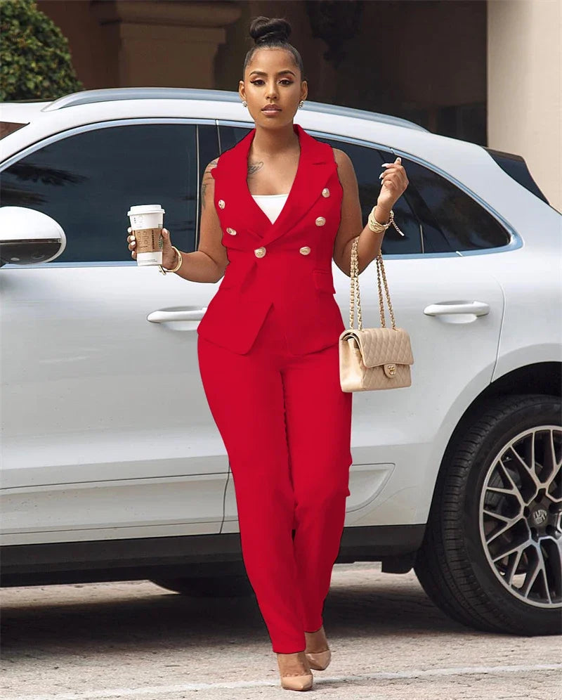 Women's Office Lady Two Piece Elegant Sleeveless Blazer And Pencil Pant Suit Set