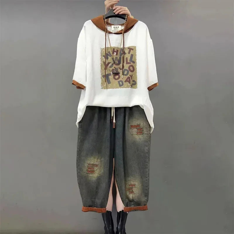 Women Denim Pants Two Piece Set Loose Plus Size Female Fashion Hooded Printed Jeans Sets