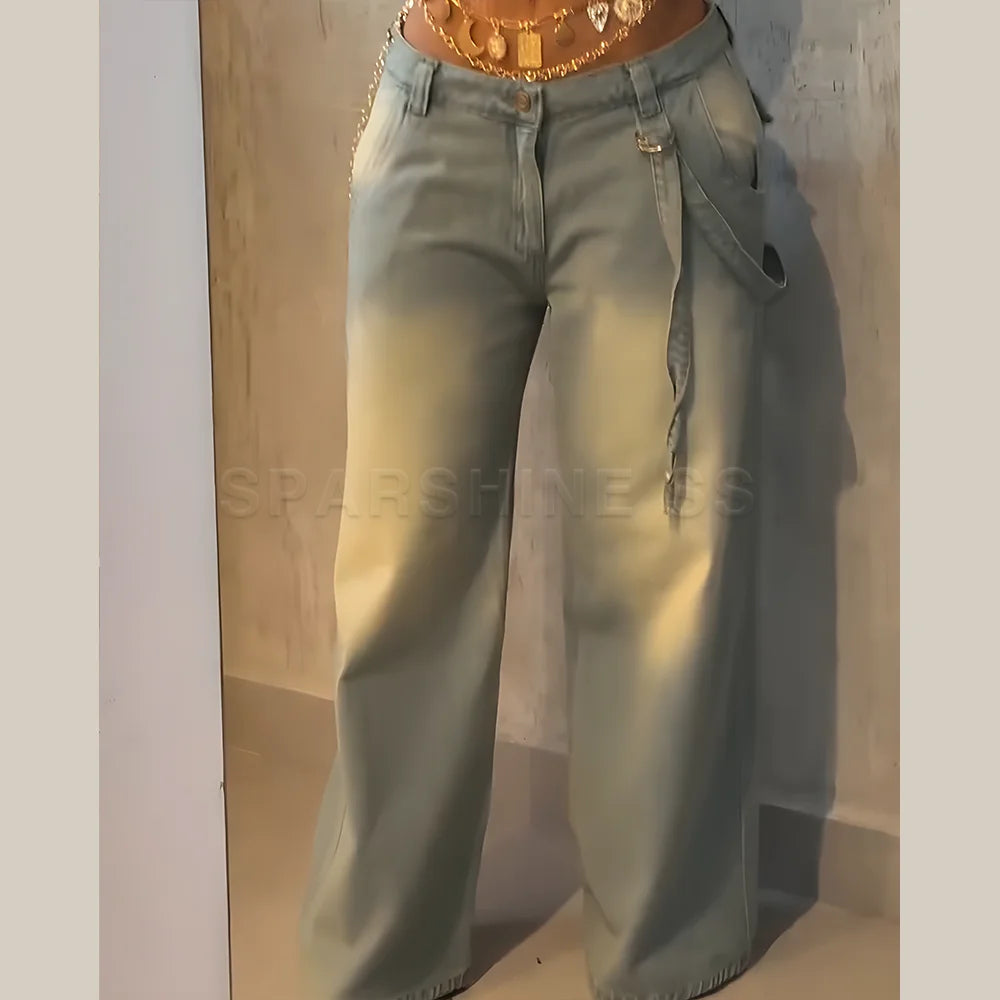 Women Straight Pants Vintage Washed Mid Waist Loose Fit Wide Leg Denim Long Pants
