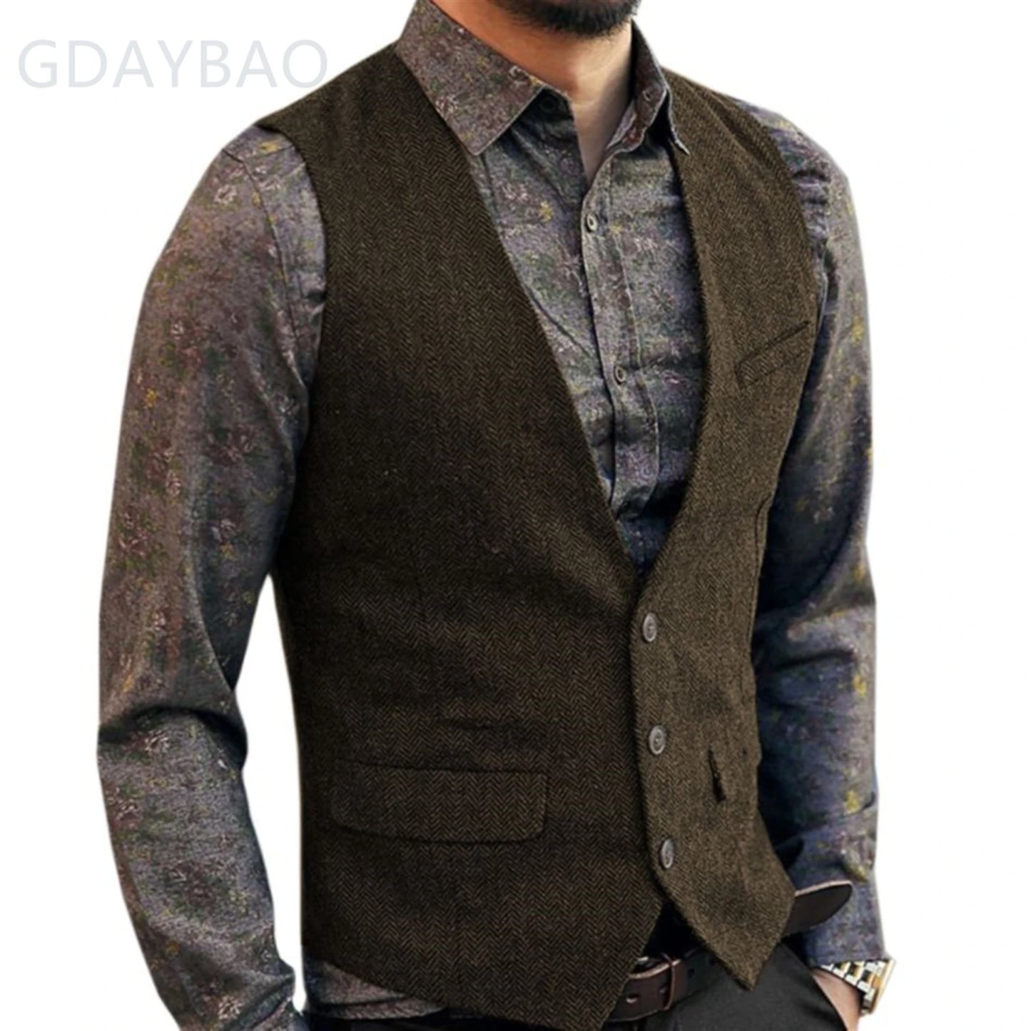 Men's Casual Classic Suit Vest V Neck Herringbone Tweed Slim Fit Business Waistcoat For Wedding