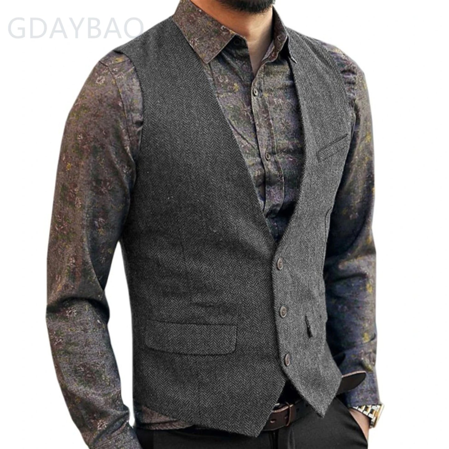 Men's Casual Classic Suit Vest V Neck Herringbone Tweed Slim Fit Business Waistcoat For Wedding