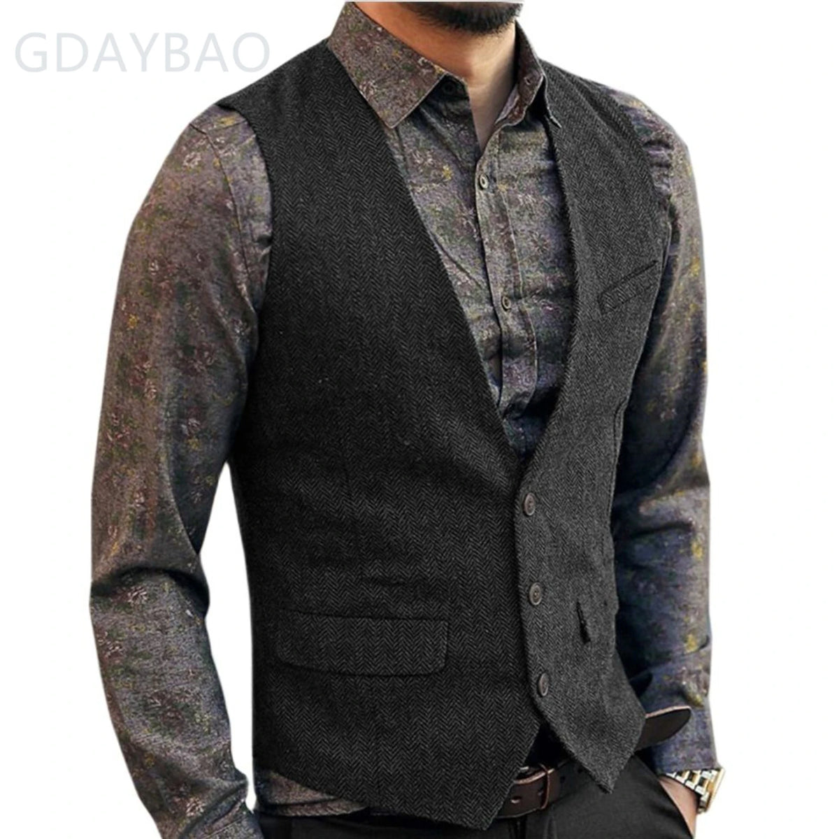 Men's Casual Classic Suit Vest V Neck Herringbone Tweed Slim Fit Business Waistcoat For Wedding