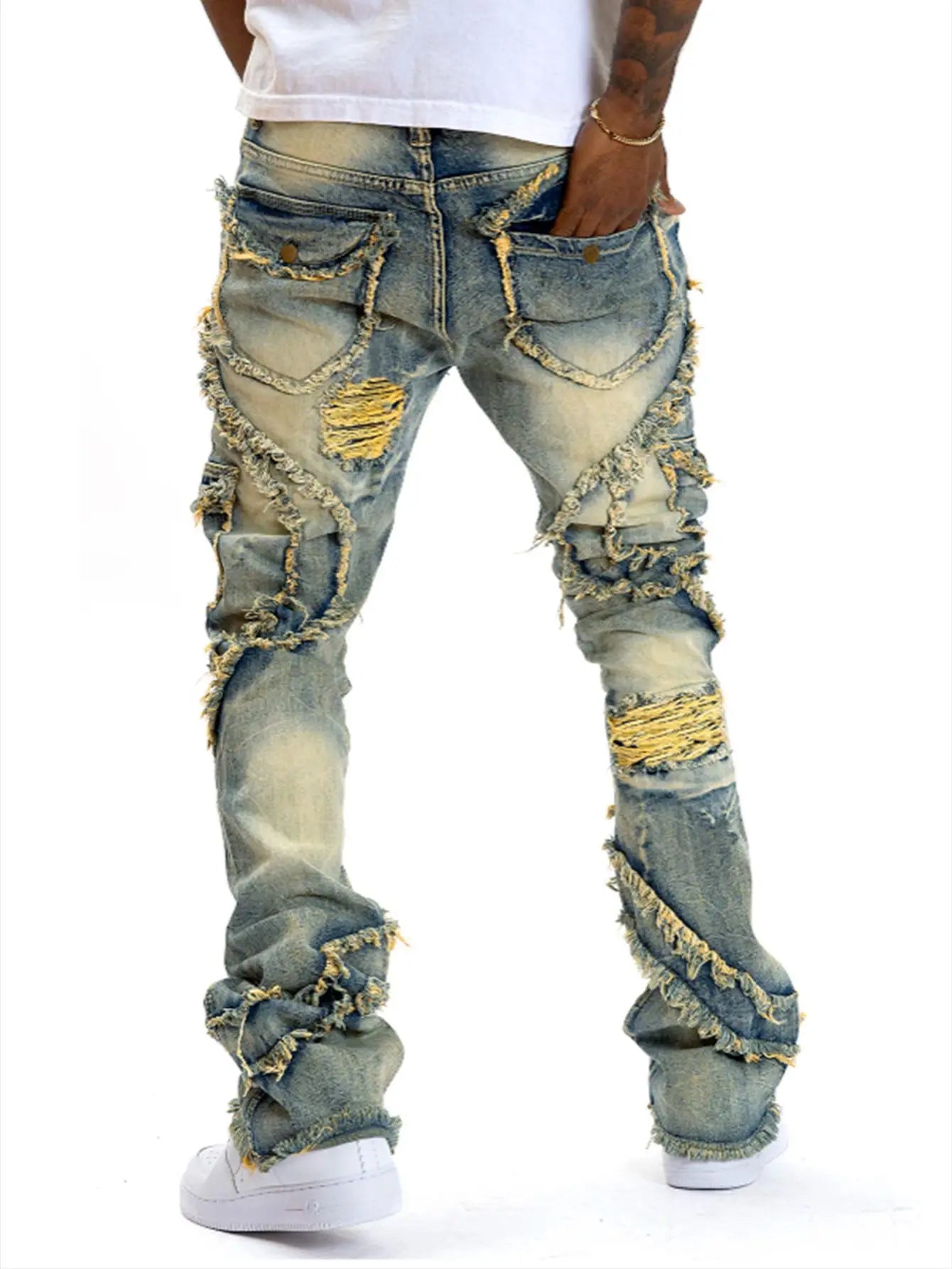 European and American men's casual, street punk fashion, retro, ripped hole, slightly flared tassel elastic jeans